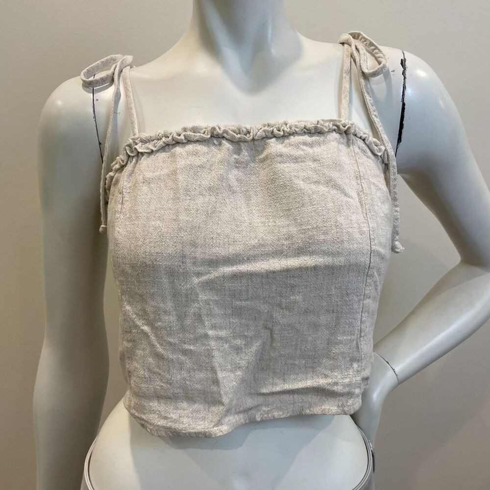 LOTTIE MOSS Tan Linen Ruffled Tie Strap Cropped Tank Top